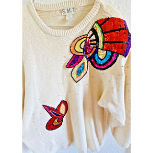 Vintage Tunic Sweater Ivory Colorful Sequin Floral - Size Large
